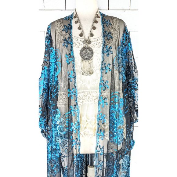 Maxi blue and black floral sequin sheer fringe kimono cover up jacket - Picture 2 of 5